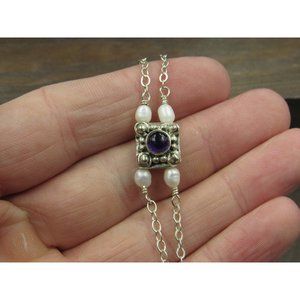 9" Sterling Silver Uncut Amethyst With Pearl Accents Bracelet Vintage Elegant
